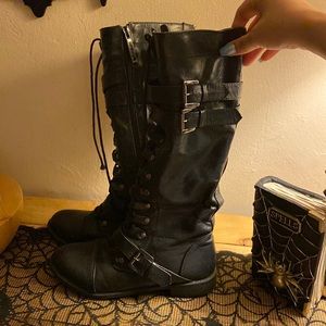 Shiekh Black Lace-Up Tall Combat Boots with Buckle Straps